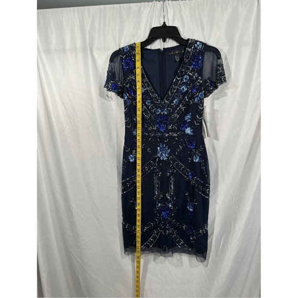 NWT $372 Aidan Mattox [ 0‎ ] Embellished V-Neck Cocktail Dress in Twilight BLUE - Picture 7 of 13